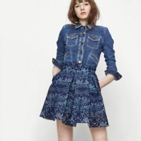 Maje‎ Jeko Light Blue Navy Guipire Lace Pleated Mini Flared Mesh Skirt Medium - Picture 1 of 3